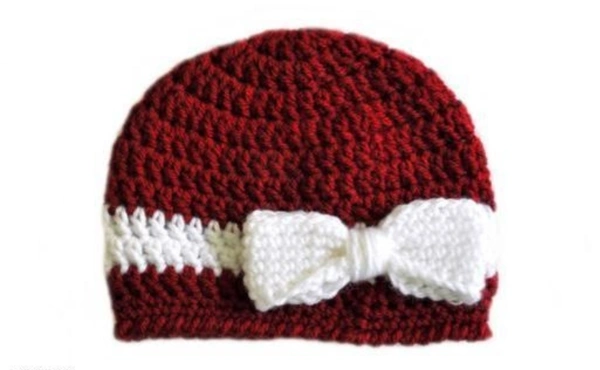 Hand Knitted Woolen Maroon Color Stylish kids Cap - 0-6 Months, Maroon, Woolen, Pack of1